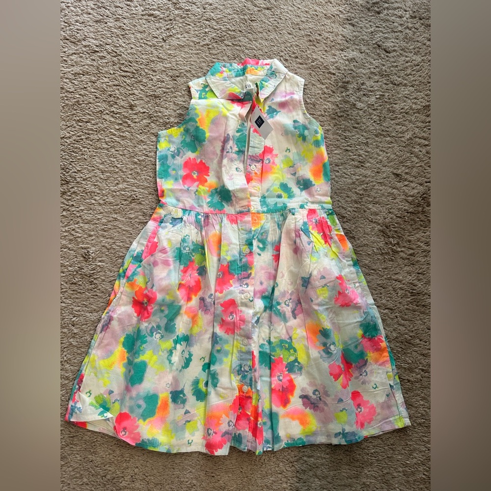 NWT Gap Kids Girl Watercolor Floral Ivory Pink Green Sleeveless Shirt Dress